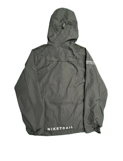 Gray rain jacket with Nike branding on a white background
